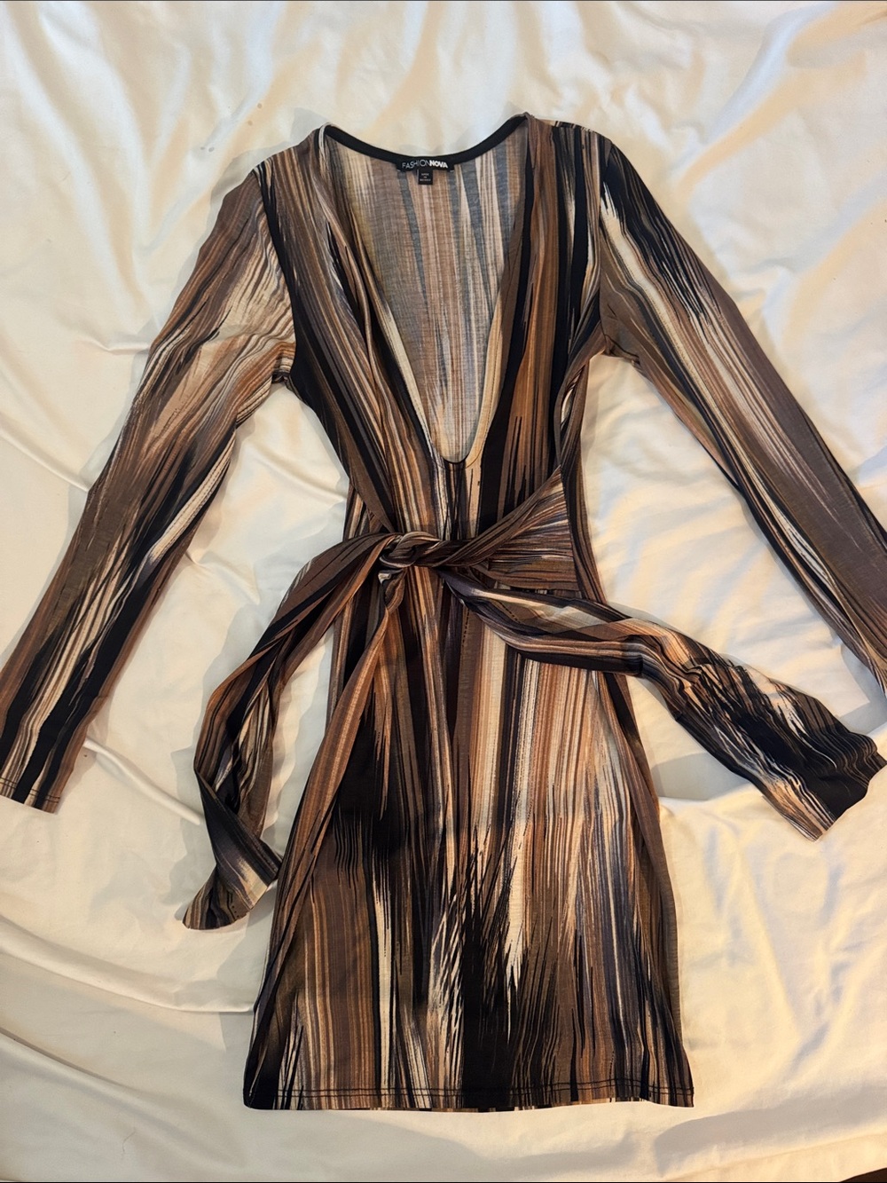 Fashion Nova Brown & Black Striped Wrap Long Sleeve Dress